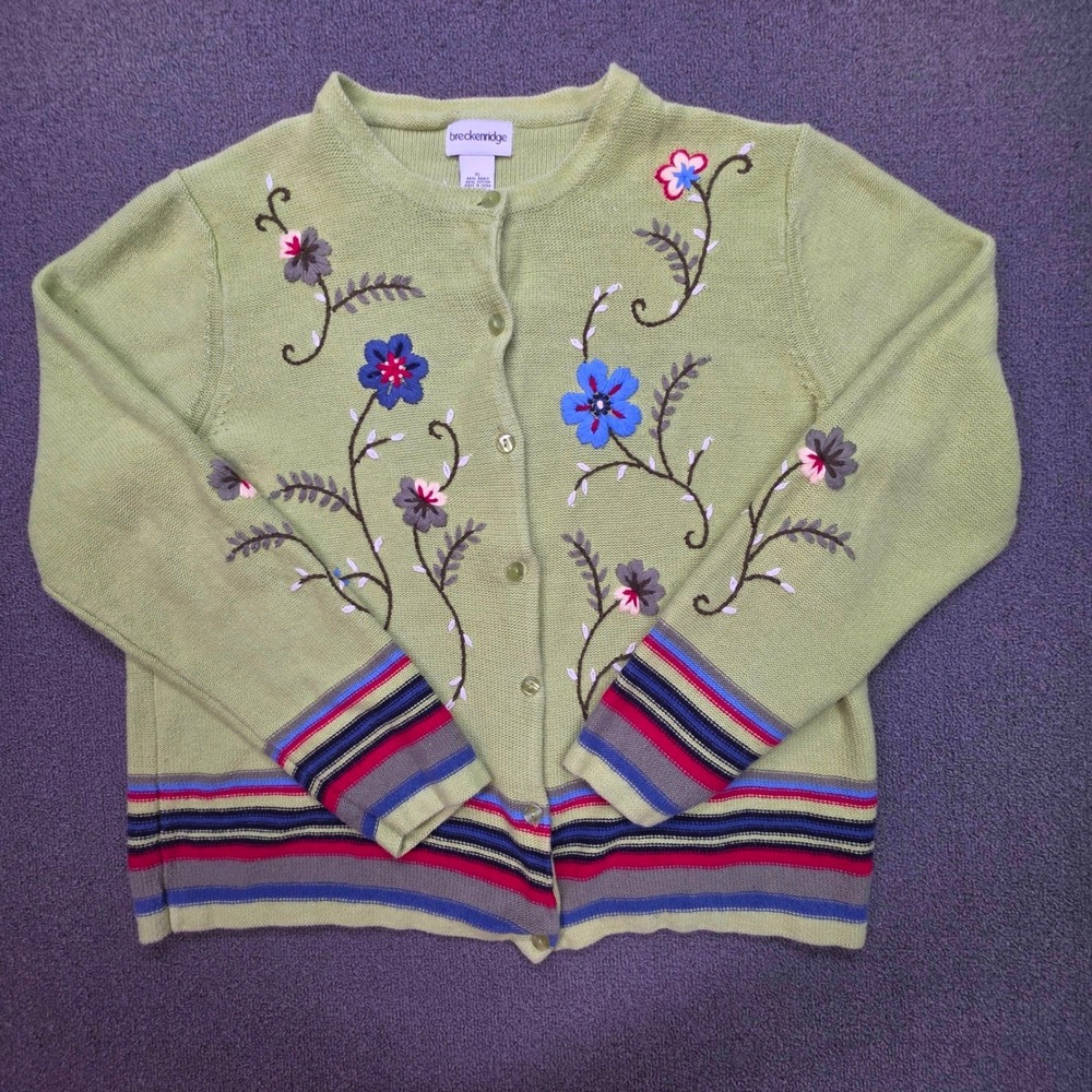 Breckenridge Womens XL Sage Green Floral Embroidered Cardigan‎ Sweater